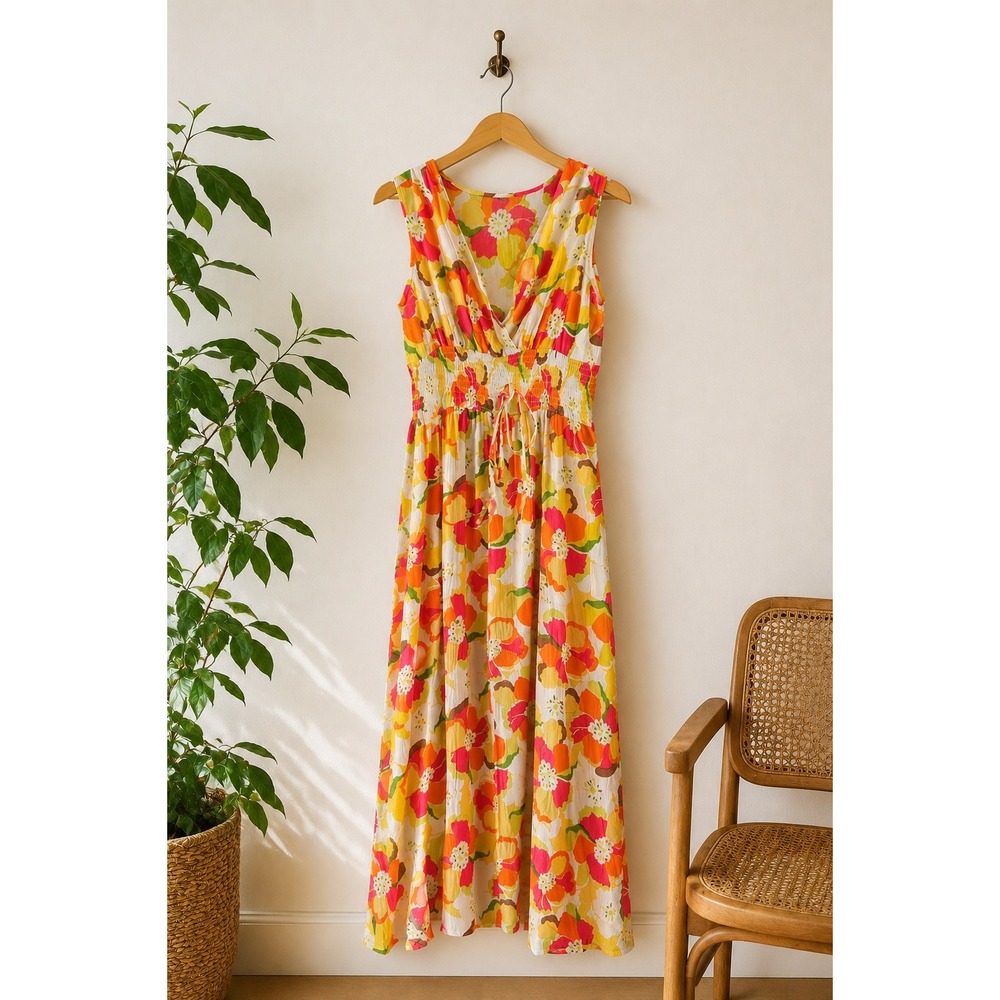 Vintage Bright Floral Gauze Maxi Dress Sz L Boho‎ Resort Cottagecore Fairycore